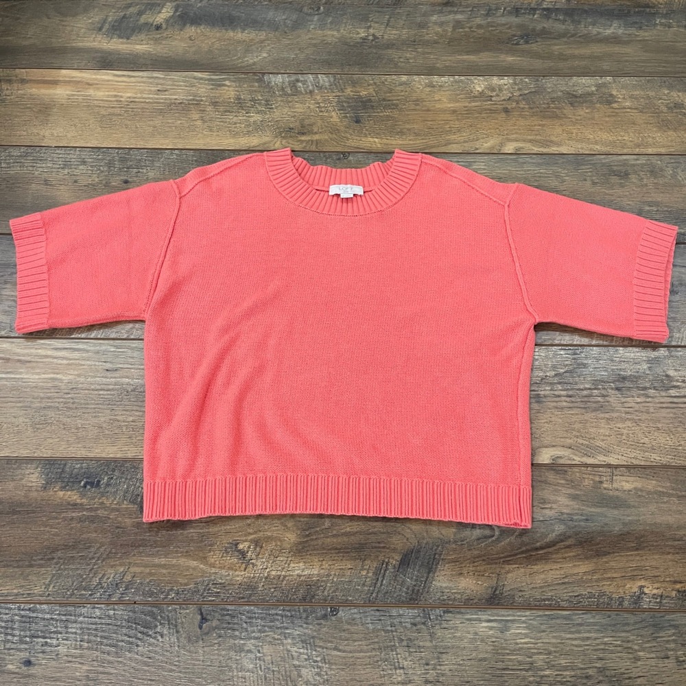Loft Outlet Petite Coral Pink Short Sleeve Knit Sweater SP Petite Chunky Fall